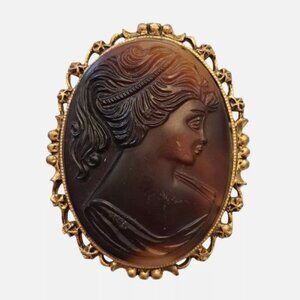 Vintage Molded Amber Glass Cameo Framed Base For Pendant Or Brooch